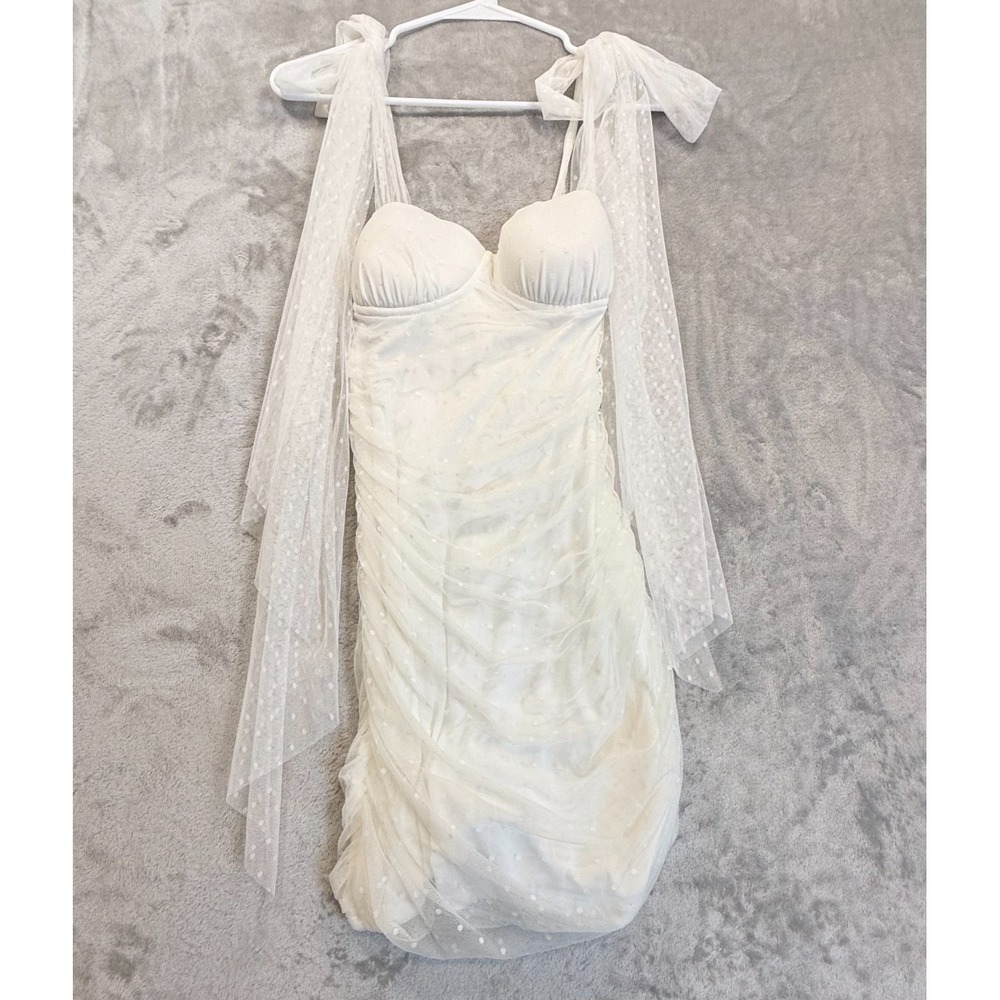 SHEIN White Swiss Dot Mesh Ruched Mini Dress Tie Shoulder Bodycon Size